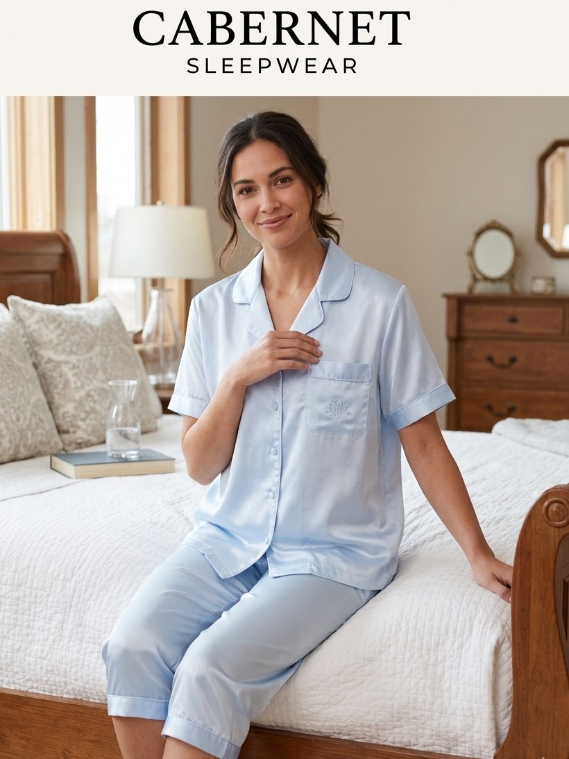 Cabernet Light Blue Satin Short-Sleeve Pajama Set